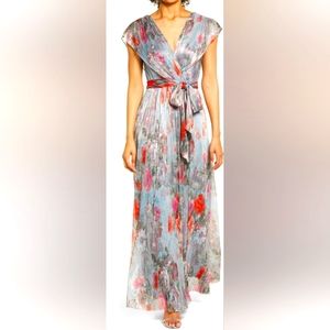 Metallic Floral Drape Shoulder GownA glossy garden animates this utterly lovely